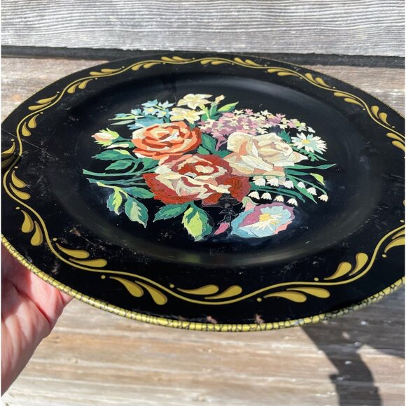 Antique 1930s Metal Toleware Hand Painted wall Plate Roses Flowers - Picture 3 of 16